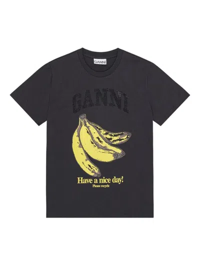 Ganni Crew-neck Cotton T-shirt With Banana Print In Black