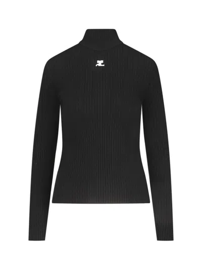 Courrèges Black Reedition Rib Knit Mock Neck Sweater In Black