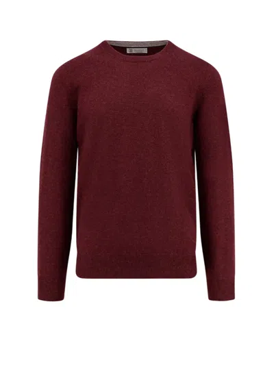 Brunello Cucinelli Cashmere Crew-neck Sweater Ribbed Profiles In Burgundy