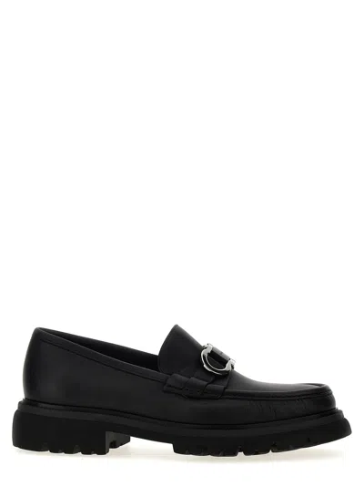 Ferragamo Chunky Sole Loafers With Metal Buckle Detail In Black
