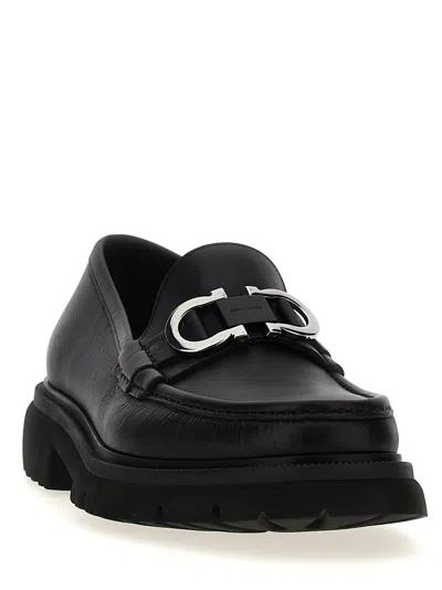 Ferragamo Chunky Sole Loafers With Metal Buckle Detail In Black