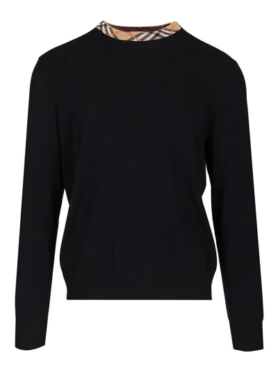 Burberry Crew Neck Knitwear With Distinctive Patterned Collar In Black