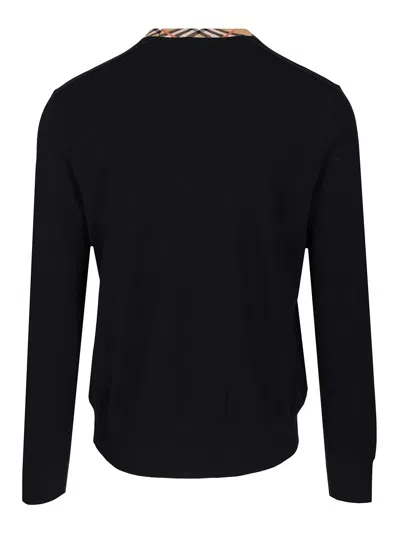 Burberry Crew Neck Knitwear With Distinctive Patterned Collar In Black