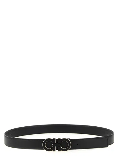 Ferragamo Reversible And Adjustable Double Gancini Belt In Black