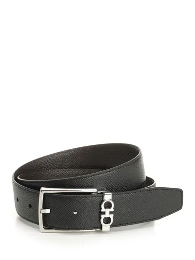 Ferragamo Black Reversible Belt With Gancini Buckle Belt In Grained Leather Man