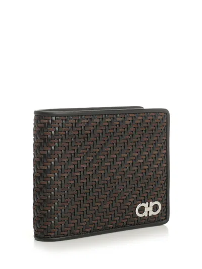 Ferragamo Woven Leather Bi-fold Wallet In Black