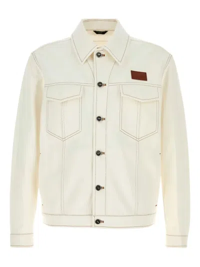 Fendi Denim Jacket With Adjustable Hem And Chest Pockets In Neutral