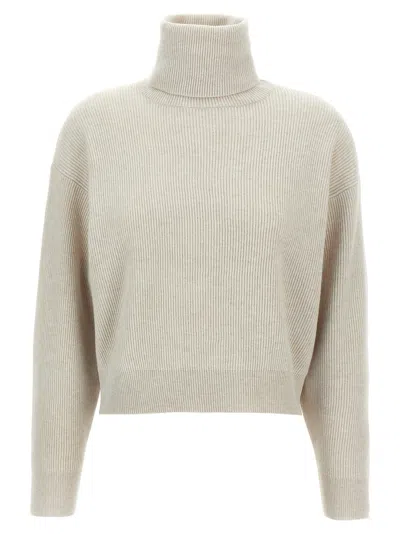Brunello Cucinelli Ribbed Turtleneck Sweater With Dropped Shoulders In Neutral