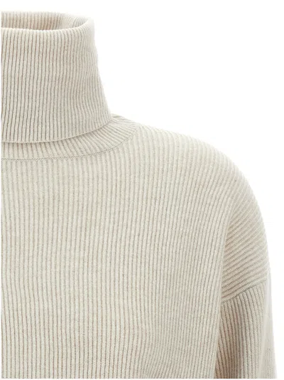 Brunello Cucinelli Ribbed Turtleneck Sweater With Dropped Shoulders In Neutral