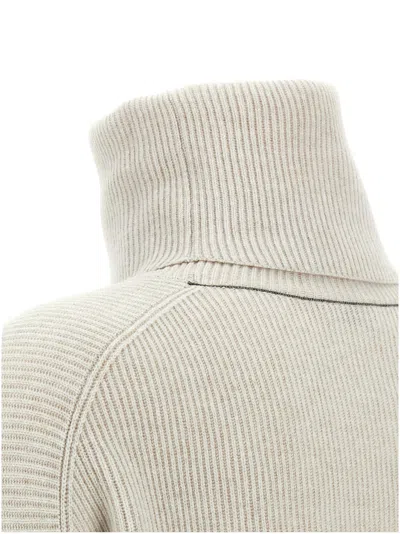 Brunello Cucinelli Ribbed Turtleneck Sweater With Dropped Shoulders In Neutral