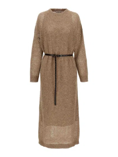 Brunello Cucinelli Hazelnut Color Midi Dress With Waist Belt In Brown