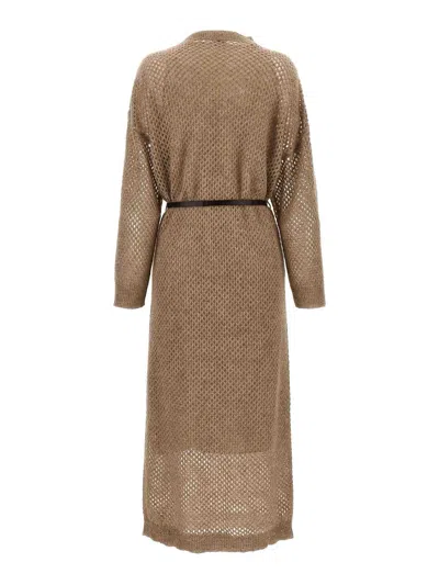 Brunello Cucinelli Hazelnut Color Midi Dress With Waist Belt In Brown
