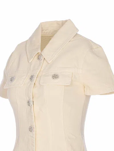 Self-portrait Structured Beige Dress With Classic Collar And Flap Pockets