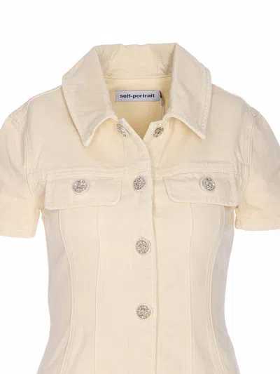 Self-portrait Structured Beige Dress With Classic Collar And Flap Pockets