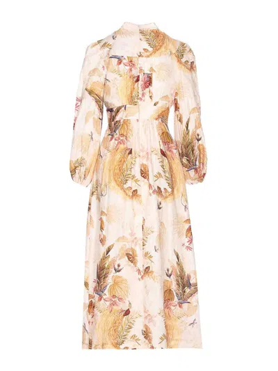 Zimmermann Ascension Linen Plunge Midi Dress In Multi