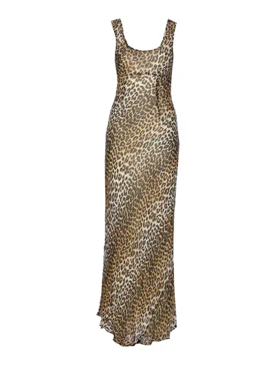 Ganni Animal Print Scoop Neckline Floor-length Dress In Brown