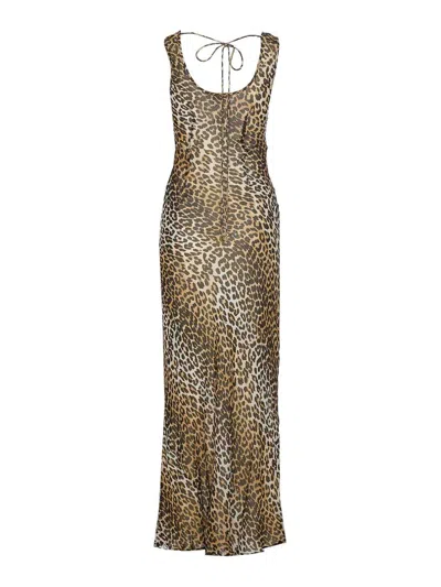 Ganni Animal Print Scoop Neckline Floor-length Dress In Brown