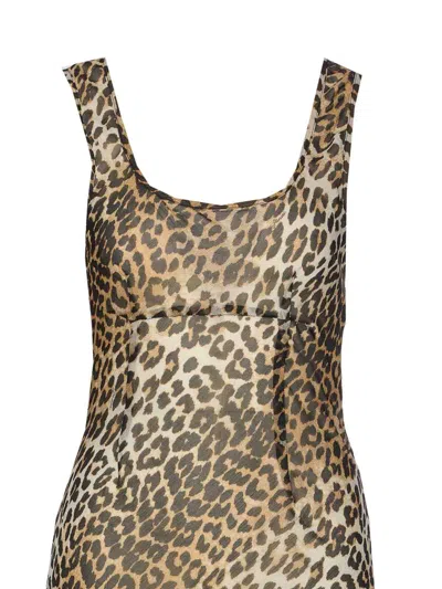 Ganni Animal Print Scoop Neckline Floor-length Dress In Brown