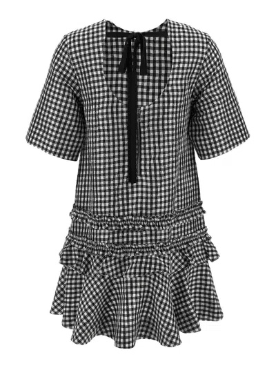 Ganni Mini Dress With Crinkled Check Pattern In Multi