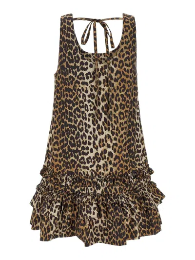 Ganni Leopard Printed Sleeveless Mini Dress In Animal Print