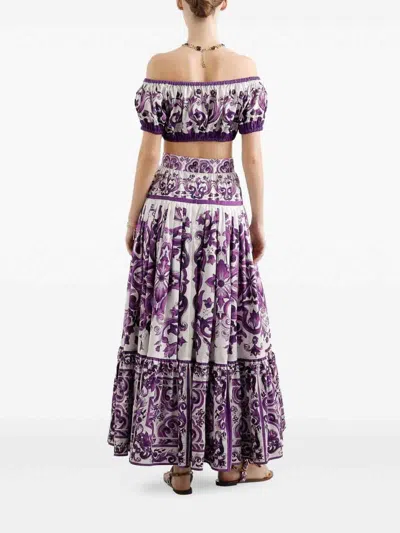Dolce & Gabbana Violet Off-shoulder Cropped Top With All-over Floral Print In Cotton Woman In Purple