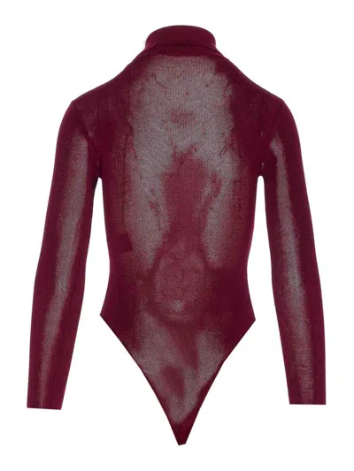Self-portrait Bordeaux Viscose Bodysuit With Classic Collar
