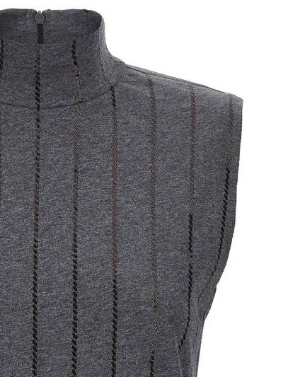 Brunello Cucinelli Sequin High Neck Sleeveless Top With Vertical Stripes