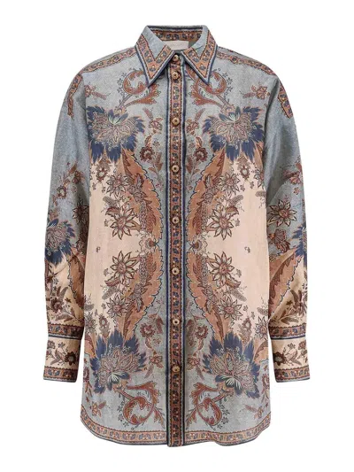 Zimmermann Womens Blue Cream Indienne Ascension Manstyle Graphic-pattern Silk Shirt