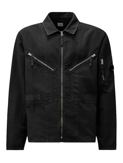 C.p. Company Cotton And Linen Shirt With Zip Closure In Black