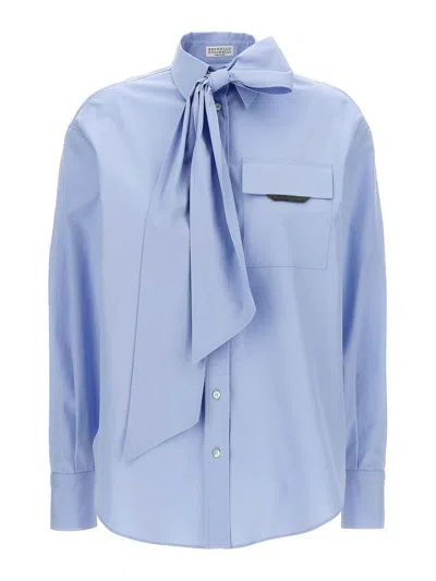 Brunello Cucinelli Bow Pocket Long Sleeve Shirt In Blue