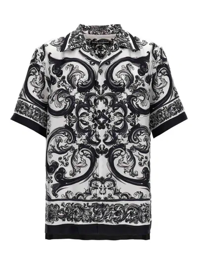 Dolce & Gabbana Maiolica Print Silk Twill S/s Shirt In Black