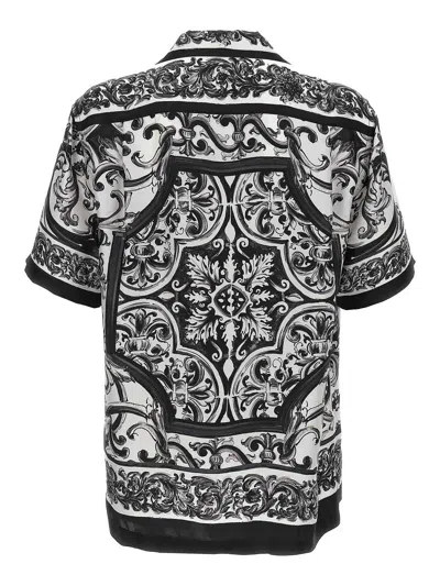 Dolce & Gabbana Maiolica Print Silk Twill S/s Shirt In Black