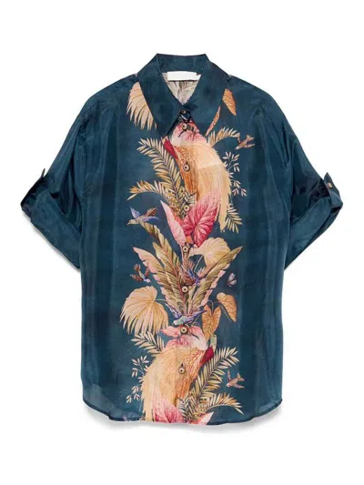 Zimmermann Womens Dark Blue Palm Floral Ascension Relaxed-fit Silk Shirt Xs