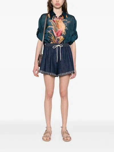 Zimmermann Womens Dark Blue Palm Floral Ascension Relaxed-fit Silk Shirt Xs