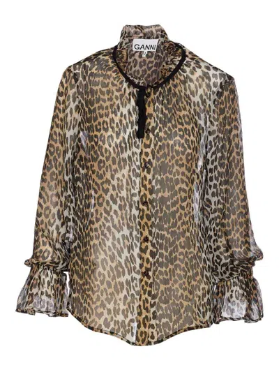 Ganni Printed Viscose Chiffon Tie String Shirt Shirts Animalier In Animal Print