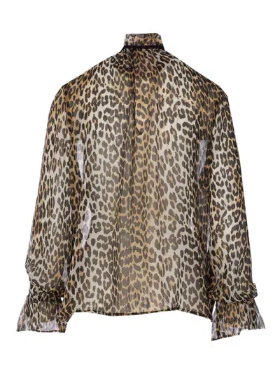 Ganni Printed Viscose Chiffon Tie String Shirt Shirts Animalier In Animal Print