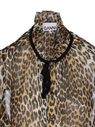 Ganni Printed Viscose Chiffon Tie String Shirt Shirts Animalier In Animal Print