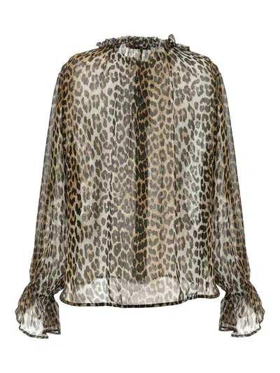 Ganni Printed Viscose Chiffon Tie String Shirt Shirts Animalier In Animal Print