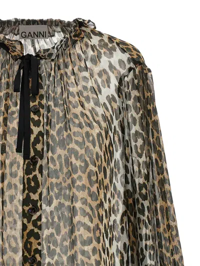 Ganni Printed Viscose Chiffon Tie String Shirt Shirts Animalier In Animal Print
