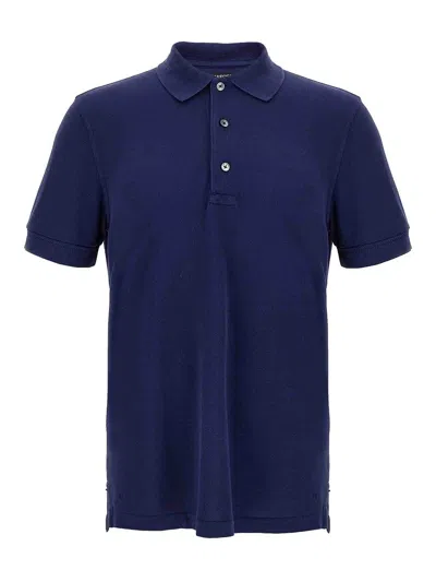 Tom Ford Blue Polo T-shirt With Embroidered Tone On Tone Logo In Cotton Man