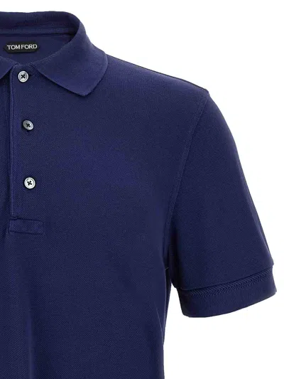 Tom Ford Blue Polo T-shirt With Embroidered Tone On Tone Logo In Cotton Man