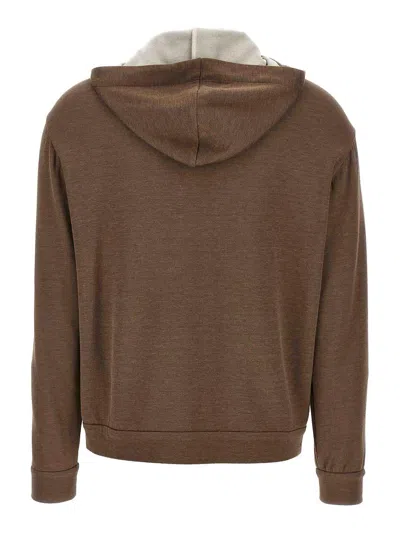 Brunello Cucinelli Brown Sweatshirt With Fixed Hood And Monil Detail On The Sleeve
