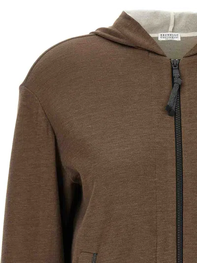 Brunello Cucinelli Brown Sweatshirt With Fixed Hood And Monil Detail On The Sleeve