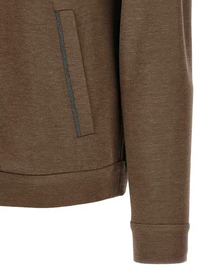 Brunello Cucinelli Brown Sweatshirt With Fixed Hood And Monil Detail On The Sleeve