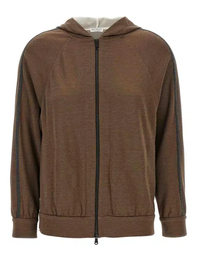 Brunello Cucinelli Brown Sweatshirt With Fixed Hood And Monil Detail On The Sleeve
