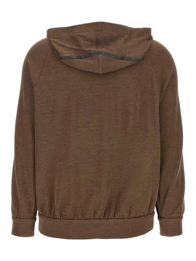 Brunello Cucinelli Brown Sweatshirt With Fixed Hood And Monil Detail On The Sleeve
