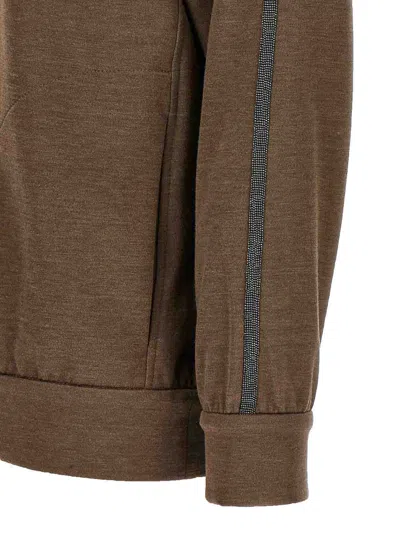 Brunello Cucinelli Brown Sweatshirt With Fixed Hood And Monil Detail On The Sleeve