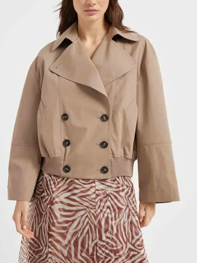 Brunello Cucinelli Brown Double-breasted Crop Jacket With Windbreak Flap And Classic Wide Lapels In Cotton Blend Woman