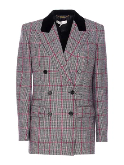 Chloé Double-breasted Velvet-trimmed Checked Wool Blazer