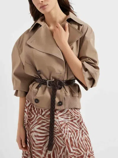 Brunello Cucinelli Brown Double-breasted Crop Jacket With Windbreak Flap And Classic Wide Lapels In Cotton Blend Woman